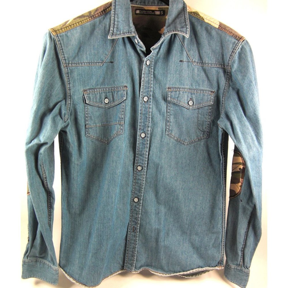 Foreign Exchange Men's Camo Button Denim Long Sleeve Shirt Size S